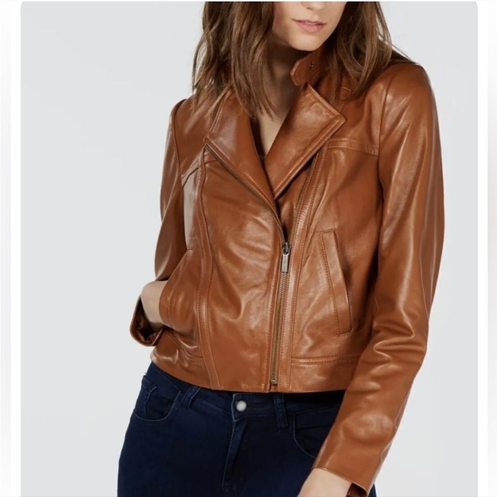 Women's Michael Kor's Genuine Leather Jacket im Camel Tan Sz Petite Small - Picture 2 of 7